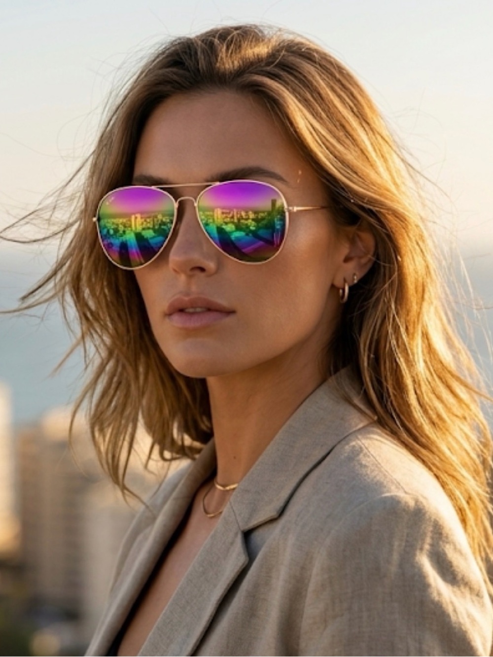 🆕 Gold Frame Aviator Sunglasses with Rainbow Mirrored Lenses